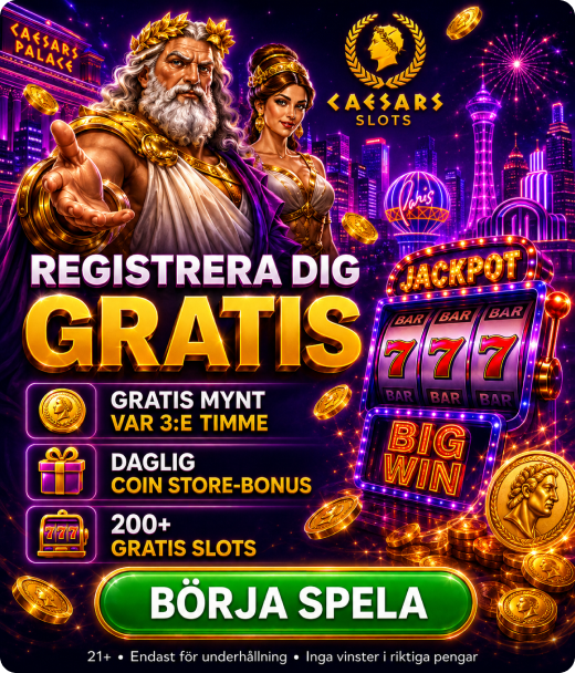 Caesars Slots registreringsbanner med romerska karaktärer, spelautomat och neonljus